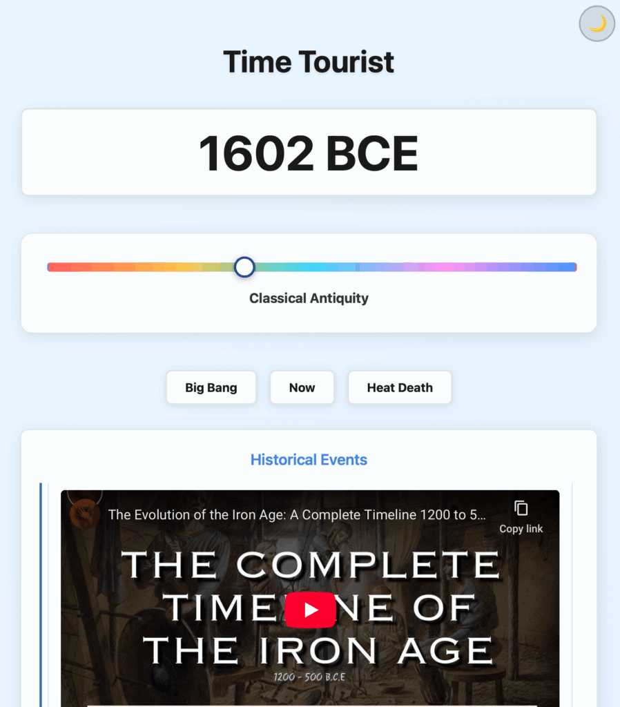 Screenshot of the Time Tourist software with 1602 BCE displayed and a related YouTube video below.